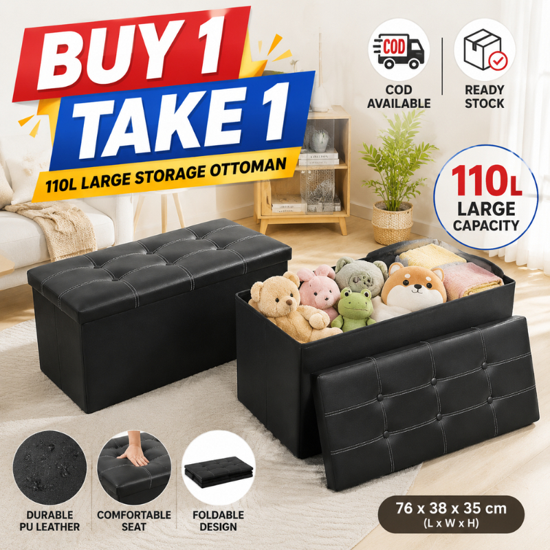 【BUY 1 TAKE 1】Foldable Storage Sofa Waterproof Leather Folding Ottoman Footstool Organizer Box 110L