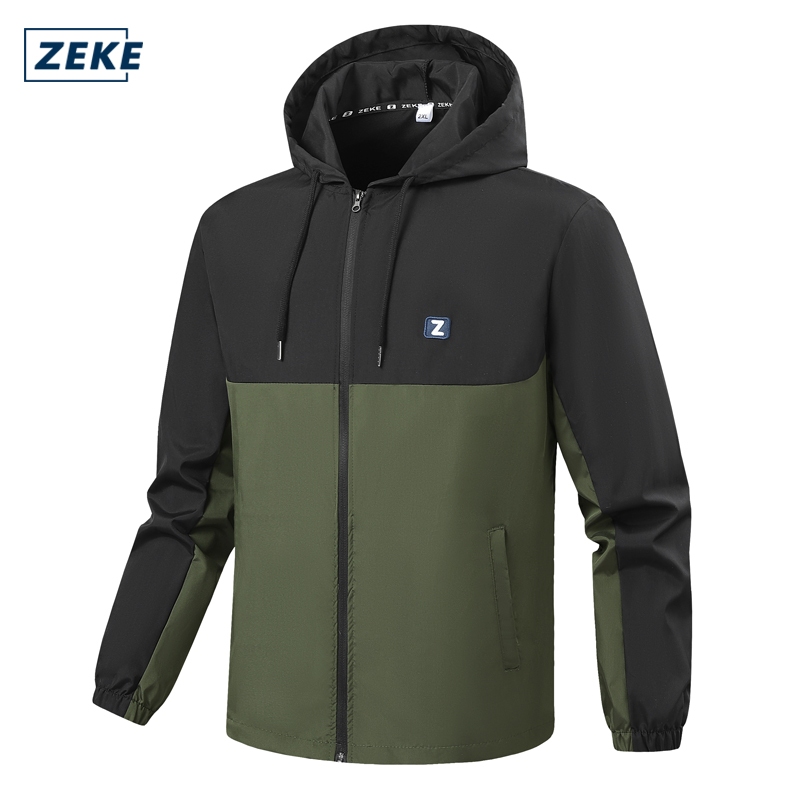 ZEKE C0047 Men's Waterproof Hooded Jacket Embroidered Logo Raglan Sleeve Tops Menswear Casual Coats