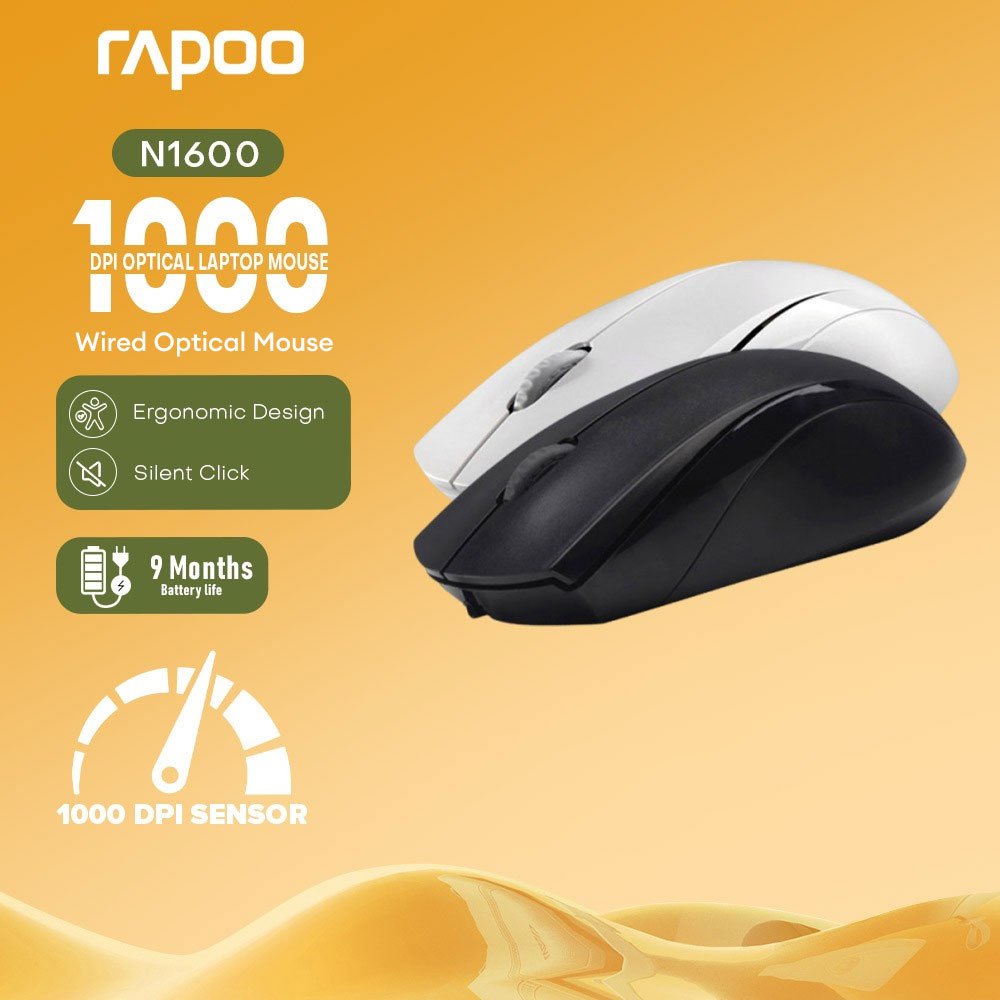 Rapoo N1600/N1200 Optical Ergonomic Silent Wired Mouse 1000 DPI for Laptop PC Office