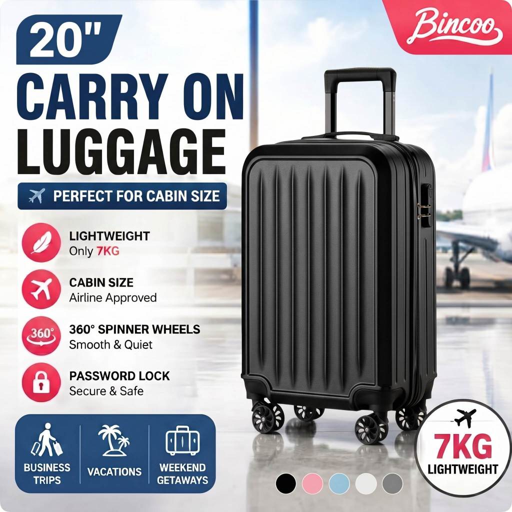 BINCOO 20inch Carry On Luggage Suitcase With 360° Spinner Wheels Password Lock Travel Trolley Bag