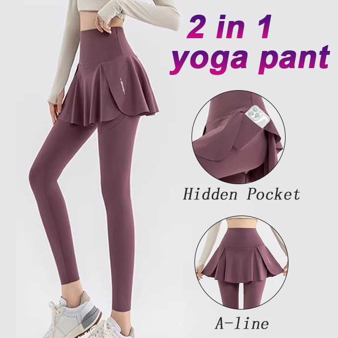 2-in-1 High Waist Yoga Leggings with Skirt Hidden Pocket Sports Pants for Running Gym Fitness