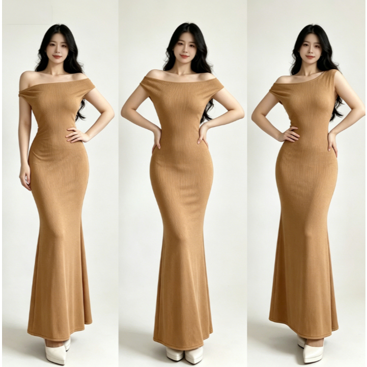 Brown Off Shoulder Mermaid Maxi Dress Women Bodycon Ribbed Formal Party Evening Gown