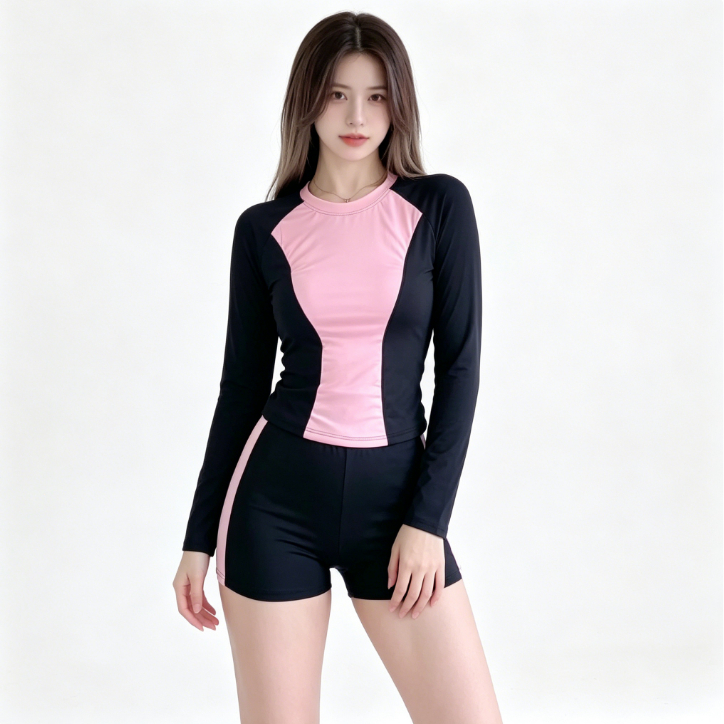 Modest Pink Black 2 Piece Rash Guard Swimsuit Long Sleeve Top + Swim Shorts