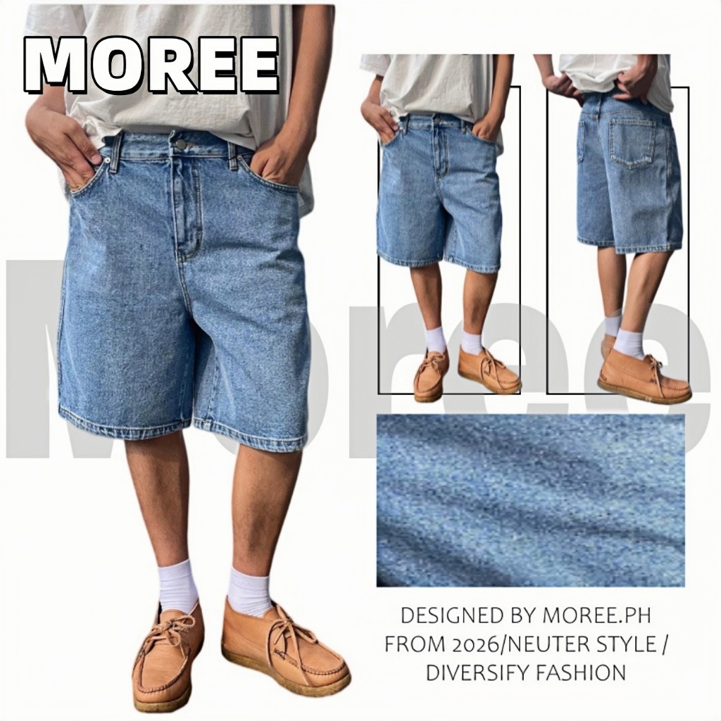 MOREE Fashion Quality Men Slant Pocket Summer Loose Straight Leg Denim Shorts Baggy Jorts Plain Navy