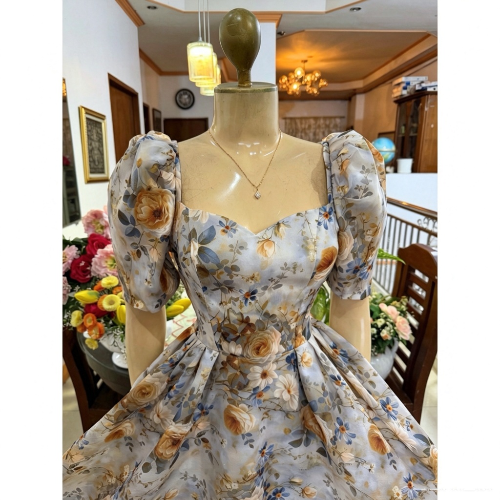 French Elegant Square Neck Floral Print Chiffon Maxi Dress Romantic Retro Style 2388