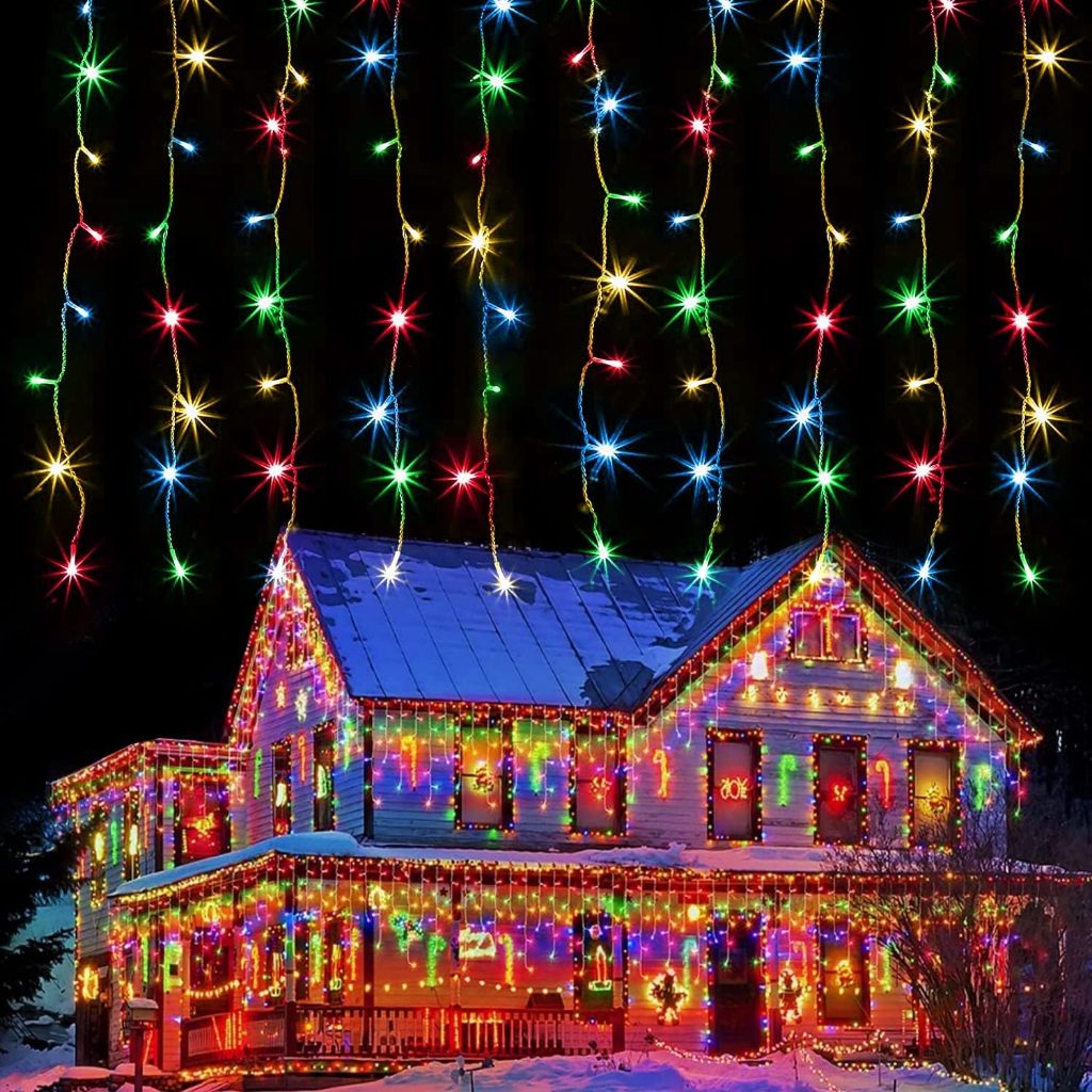 96LED Solar & 220V Plug-in Icicle String Lights, Waterproof Christmas Fairy Icicle Lights for Outdoo