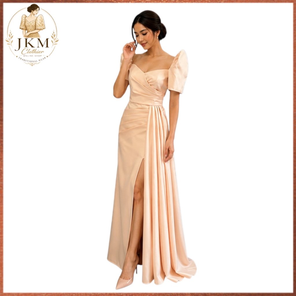 Modern Filipiniana Dress with slit duchess fabric