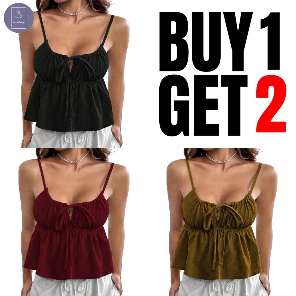 TRENDY BUY 1 GET 2 Kisha Sleeveless Ruched Tie-Front Peplum Top for Women.