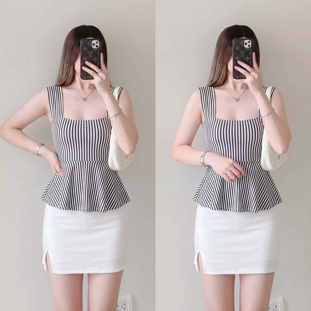 Mikay Elegant Cotton Stripe Print Casual Top Sleeveless Womenswear