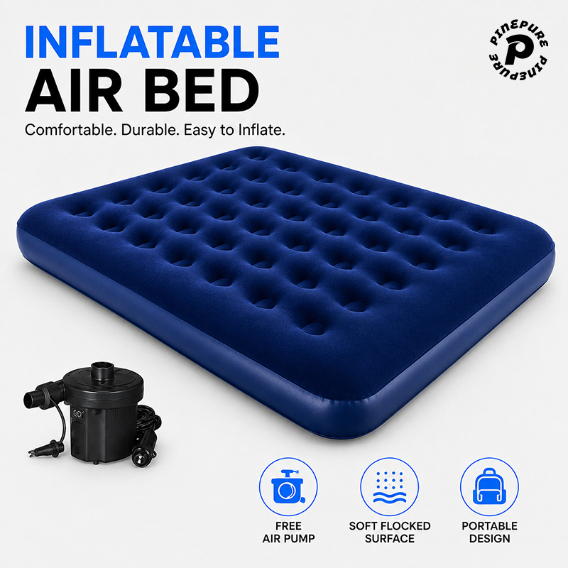 PINEPURE Inflatable Air bed Queen/King Size Portable Bed Air Mattress Camping Bed With Free Pump