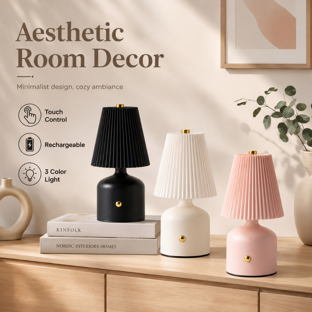 Aesthetic Room Decor Table Lamp Touch Rechargeable 3 Color Light Nordic Pleated Shade Bedside Lamp