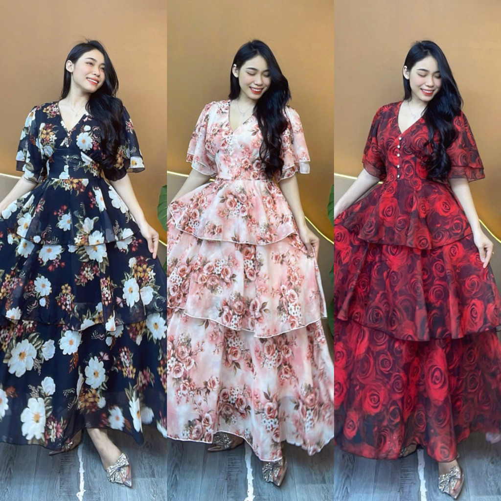 FAIRY Layered Vietnam Maxi Dress – Elegant Smocking Back, Waist Tie, Flowing Silhouette,Trendy Dress