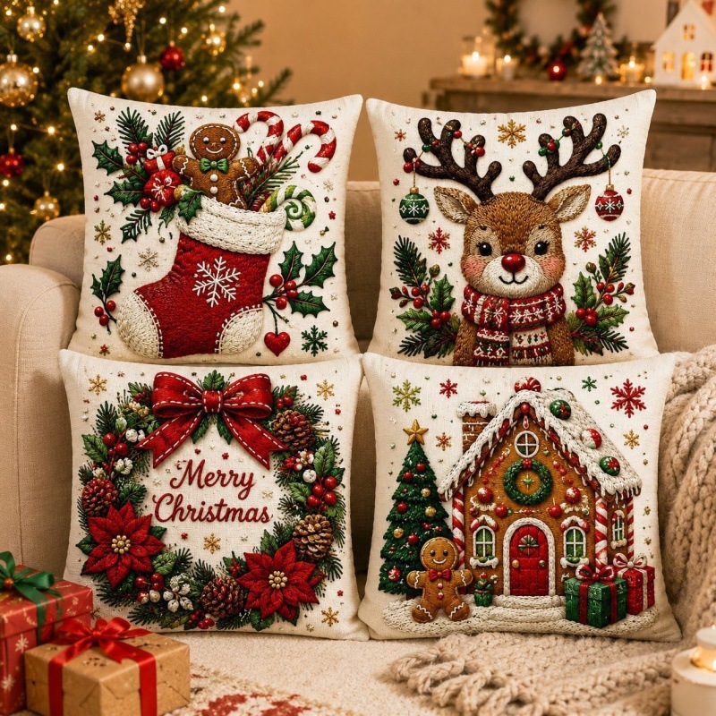 18x18 christmas slip 4pcs, santa winter cushion with zipper for holiday sofa decor