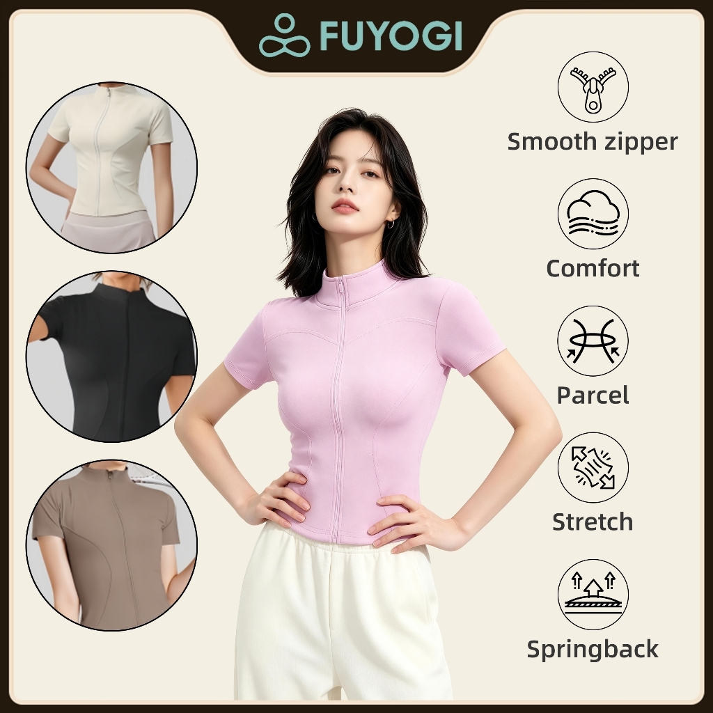 FUYOGI Women Jacket Short Sleeve Yoga Gym Zipper Exercise Quick Drying Tight Version