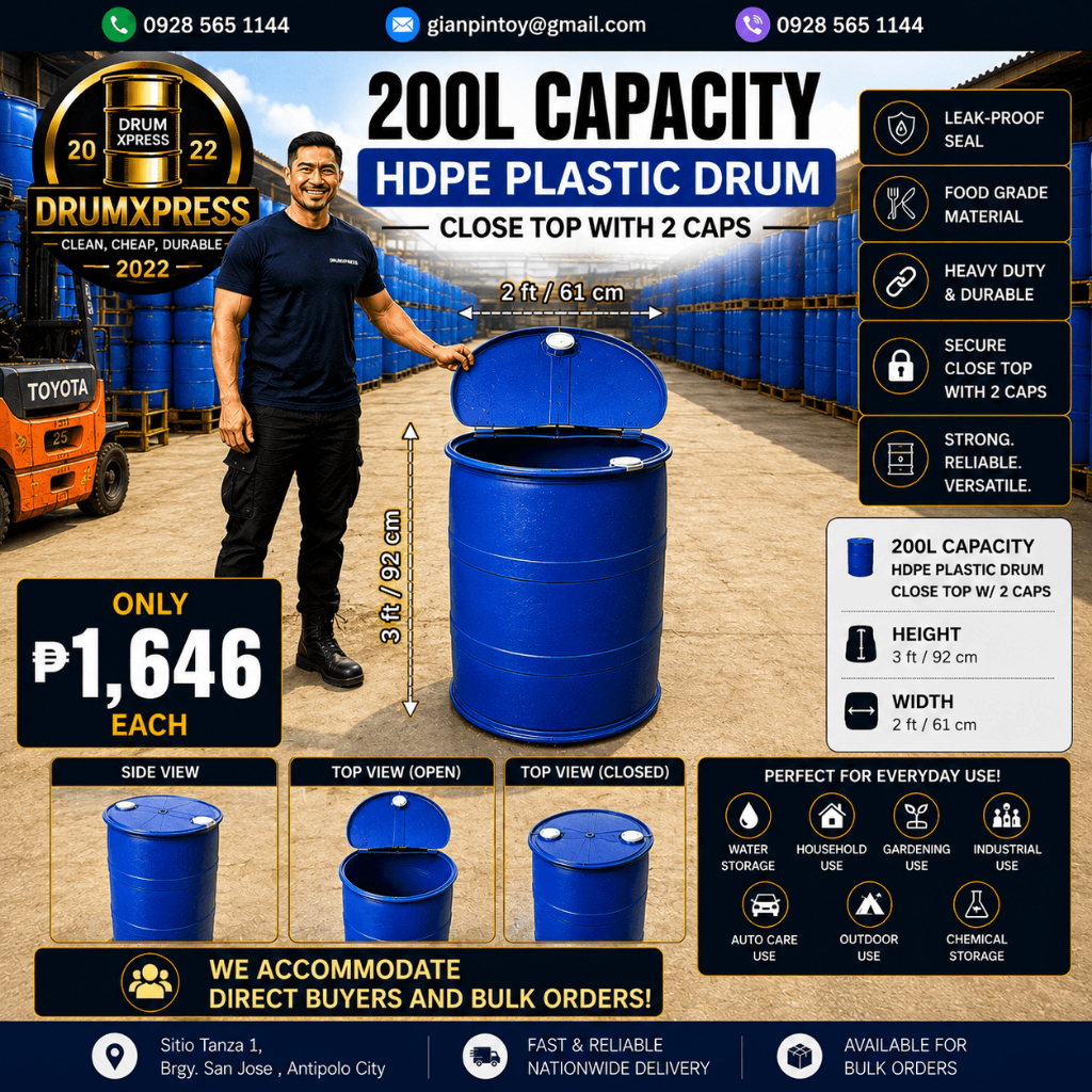 200L Blue Plastic Drum Open & Closed Top Heavy Duty Water Storage HDPE Lalagyan Industrial