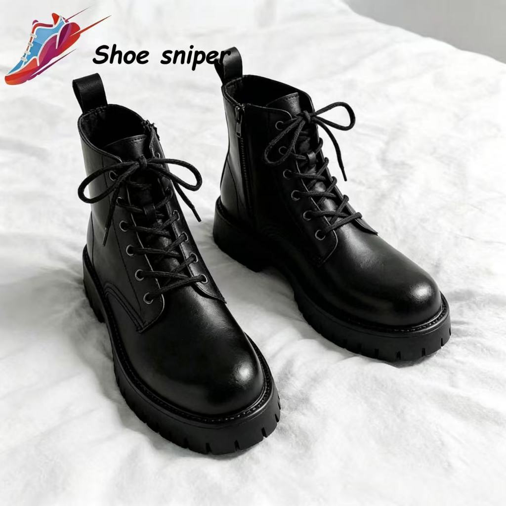 Men's Black Leather Martin Boots Chunky Sole Ankle Boots Classic Casual Boots with Side Zipper