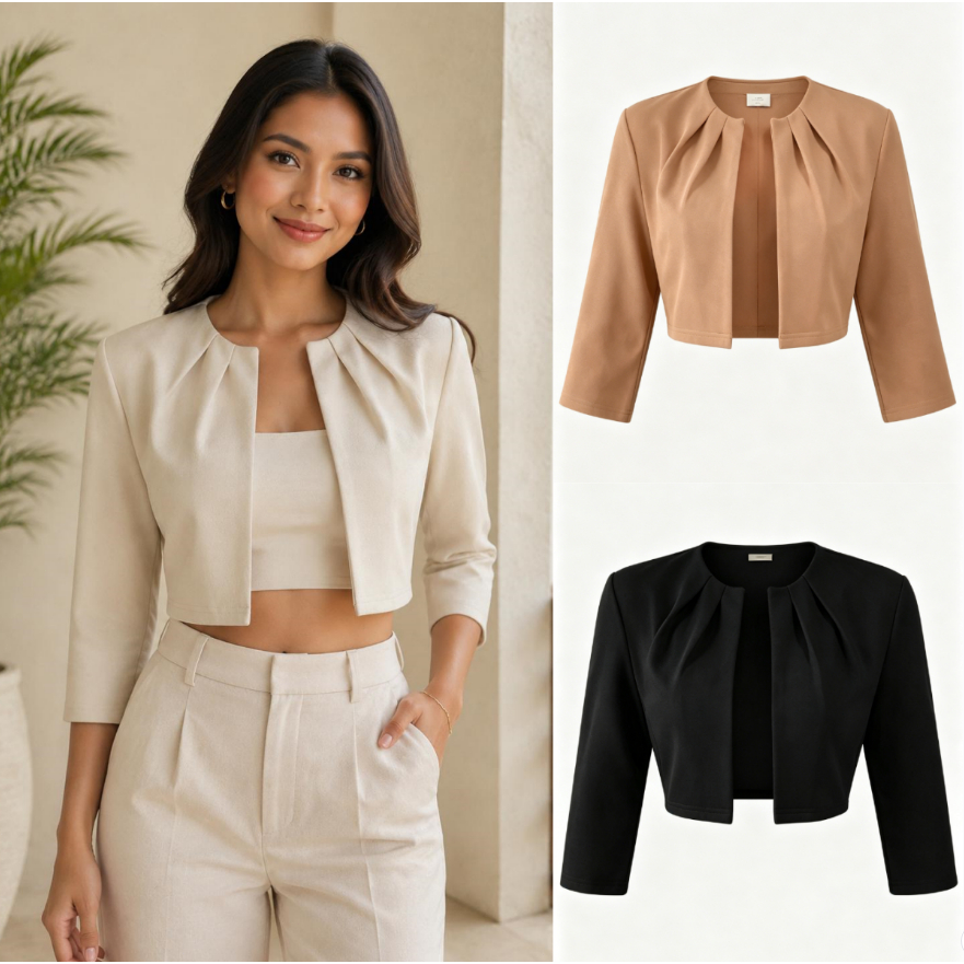 EAZ Cream Pleated Neckline Women's Solid Color Minimalist Daily Blazer with 3/4 Sleeves 2432