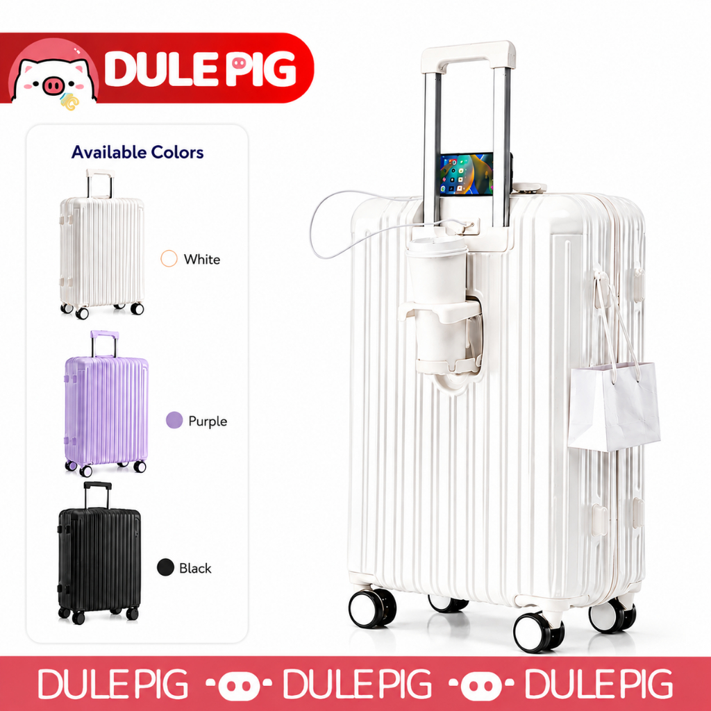 DULEPIG Multi-Functional Hard Shell Luggage: Cup-Holder, Phone-Stand, USB-Charge