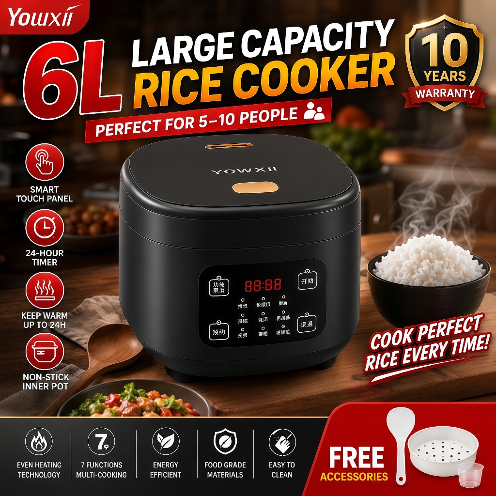 Yowxii LCD Stainless Rice Cooker 6L Large Capacity Standard Multifunctional Electric Cooker Nonstick