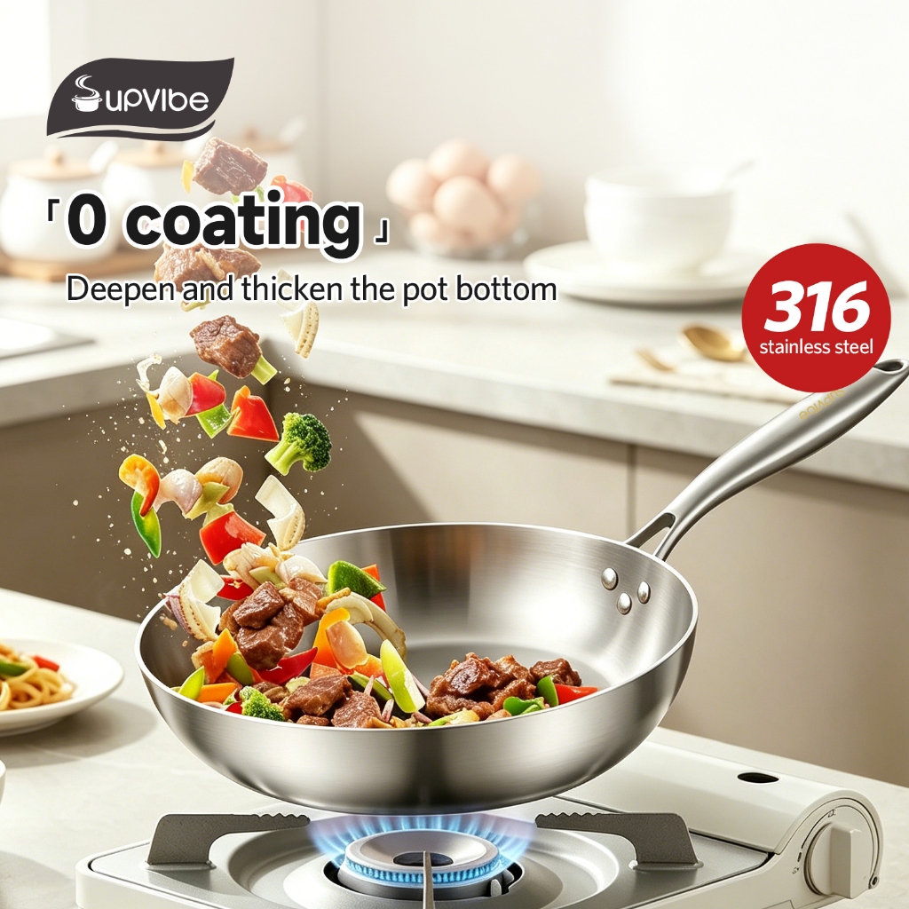 SUPVIBE 316 Stainless Steel Frying Pan Non-Stick Uncoated Steak Fry Pan Gas Induction Cooker