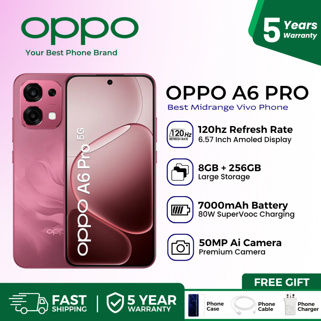 Oppo A6 Pro 5G | 8GB+256GB | 6500mAh Battery | 80W Fast Charge | 120Hz Display | IP69 Waterproof