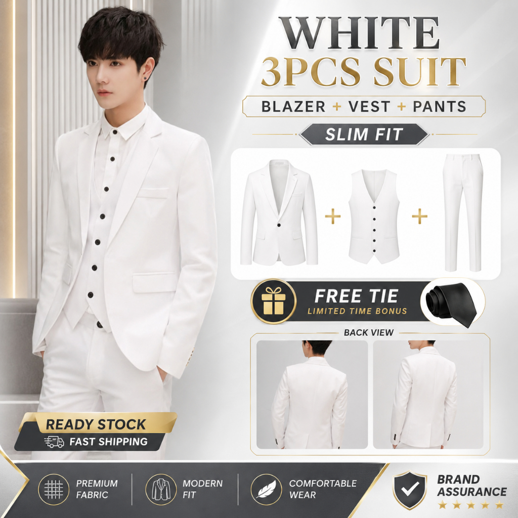 Men’s White 3 Piece Suit Set Blazer Vest Pants Slim Fit Formal Wedding Groom Prom Suit Ready Stock