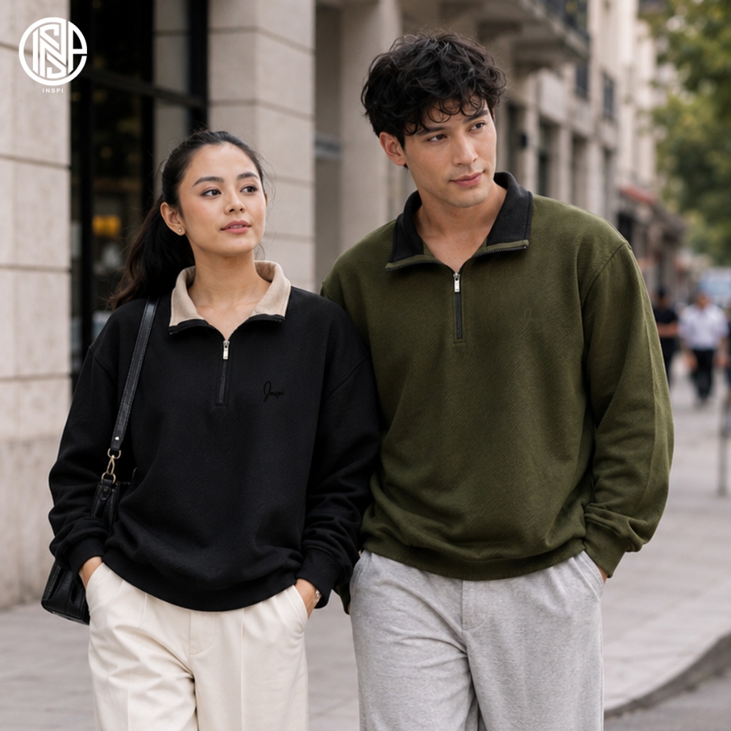 INSPI Textured Knit Quarter Zip Jacket for Men and Women High Neck Pullover Long Sleeve Top Sweater