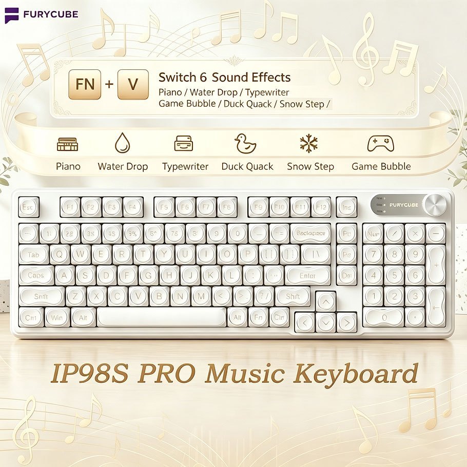 FURYCUBE IP98S PRO Music Membrane Keyboard Wireless RGB Keyboards With Knob Office Gaming Keyboard