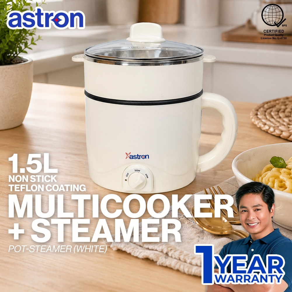 Astron Multi-Cooker & Pot Steamer -White | 1.5L Capacity | 600W | Non-Stick Teflon
