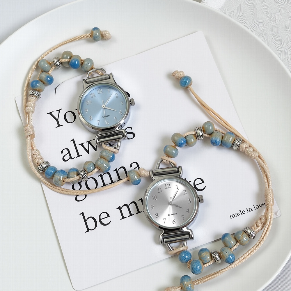 Fashion Women Quartz Watch Blue Heart Charm Analog Watches Black Beaded Bracelet Girls Watch