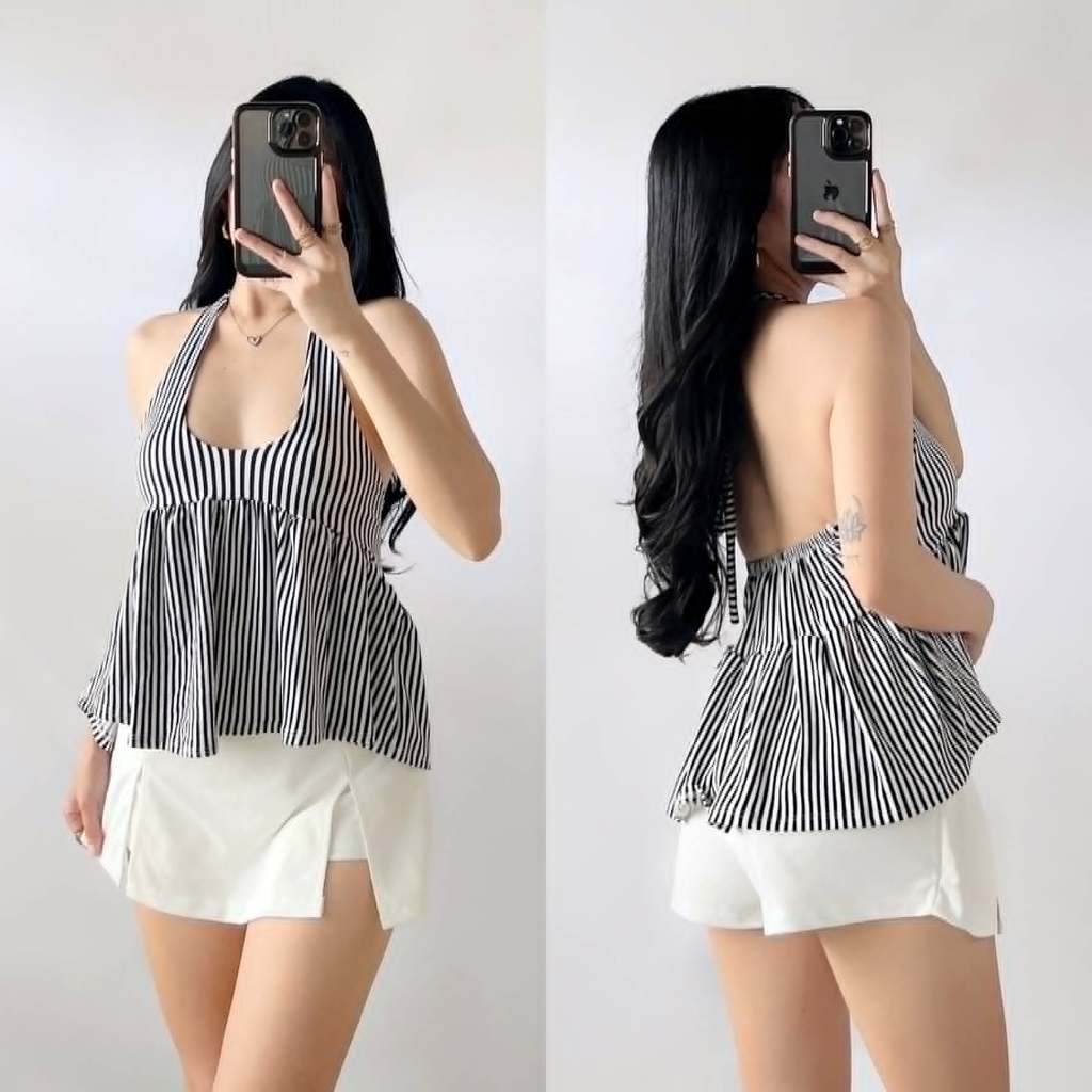 Halter Neck Backless Elegant Stripe Casual Top Sleeveless Womenswear