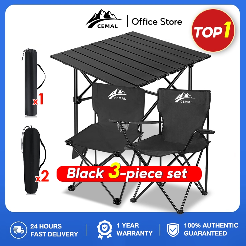 CEMAL【Black 3-piece set】Foldable Chair with Armrest & Camping Table Portable Folding Set Outdoor BBQ