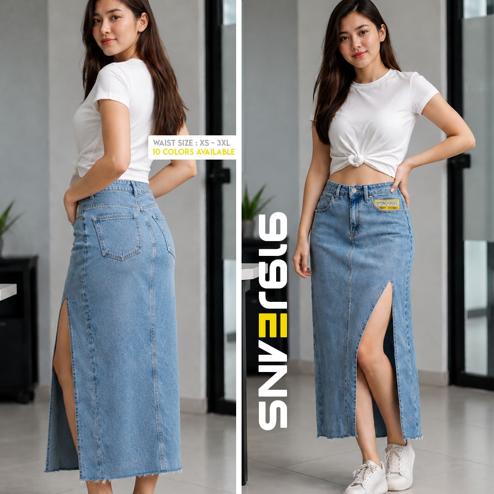 919 JEANS : Fashionable Trendy High-Waist Korean Style Side Slit Long Skirt Everyday Denim Outfit