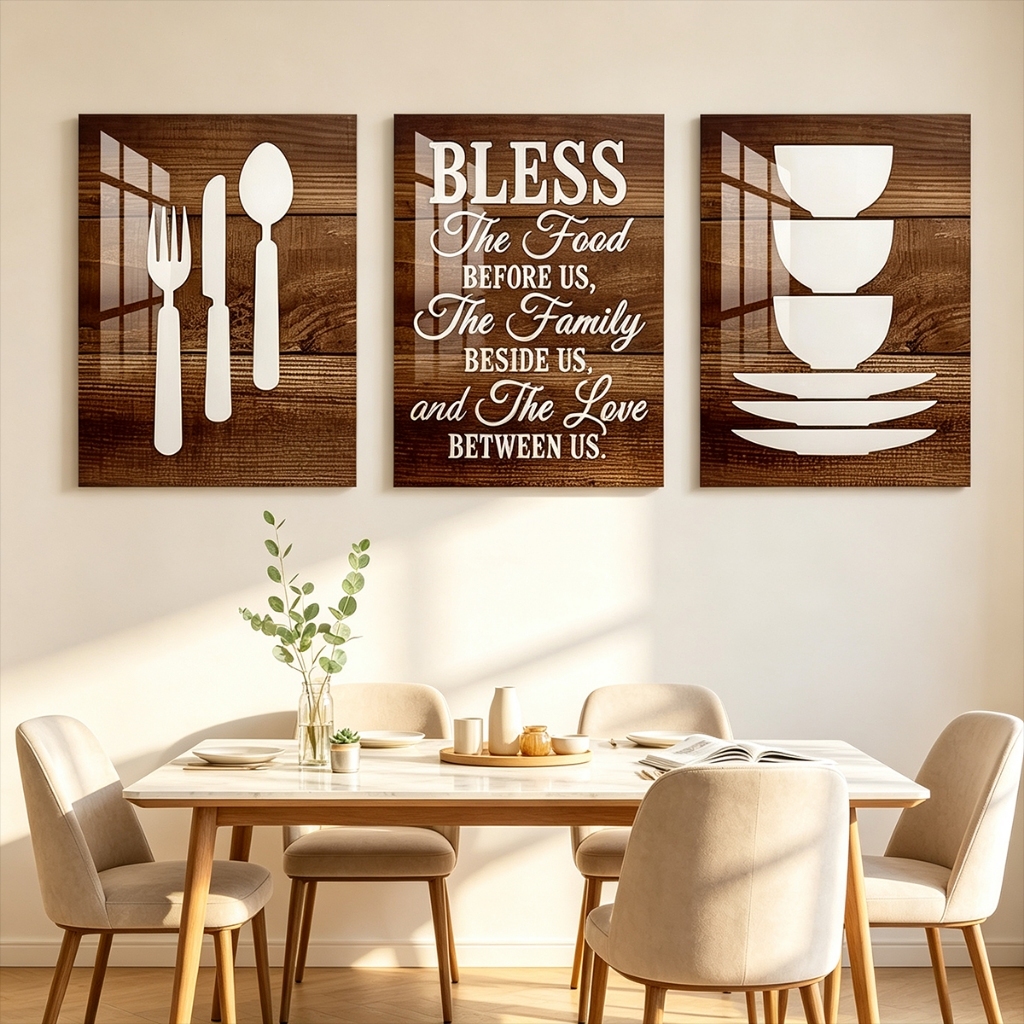 Wall Decor 3Pc Rustic Kitchen Wall Art Bless The Food Before Us Room Wall Decoration For Living Room