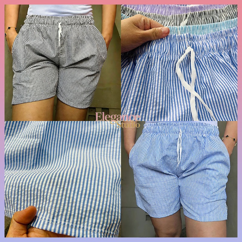 Women SEER SUCKER Lightweight Striped Shorts - Breathable Fabric Flexible One-Size Style
