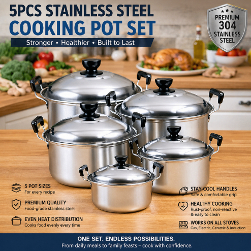 5 PCS HIGH GRADE STAINLESS COOKING POT, 5 SET BY LAYER HIGH CAPACITY, CASSEROLE COOKWARE!