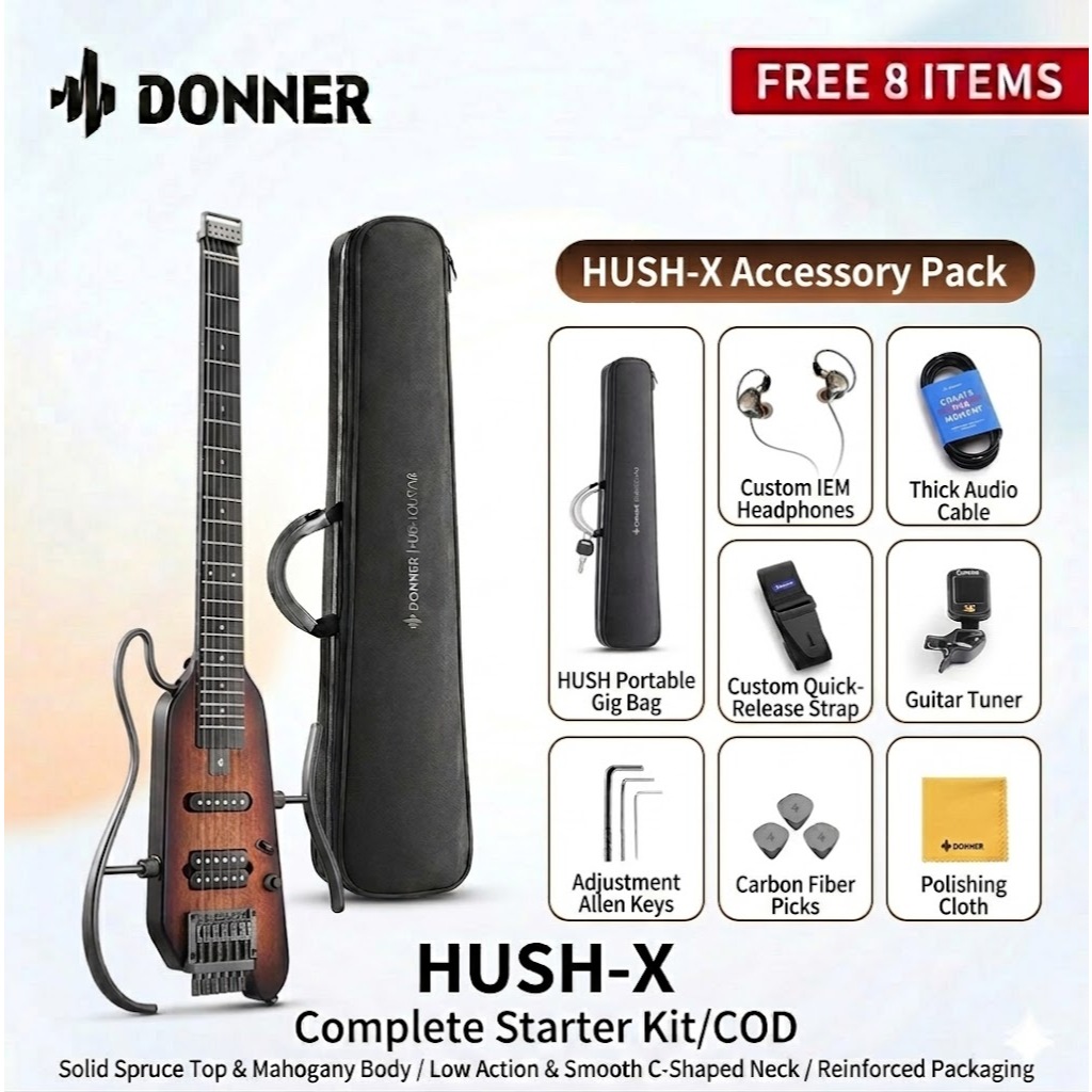 Donner HUSH-X Electric Guitar Headless Guitar Great for Travel and Practice Gift【Ready Stock】