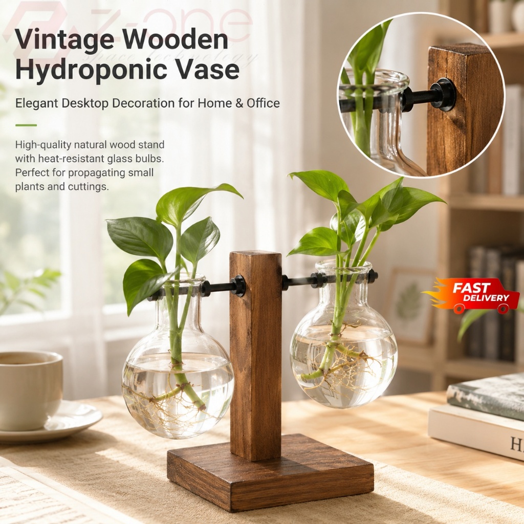 Aesthetic Hydroponic Plant Glass Bulb Vase with Wooden Stand Plantita Indoor Table Desk Decor Propag