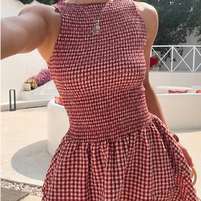 Sunnyshic Red Plaid Sleeveless Slim-Fit Belted Mini Dress, Sweet French Style For Summer Vacation