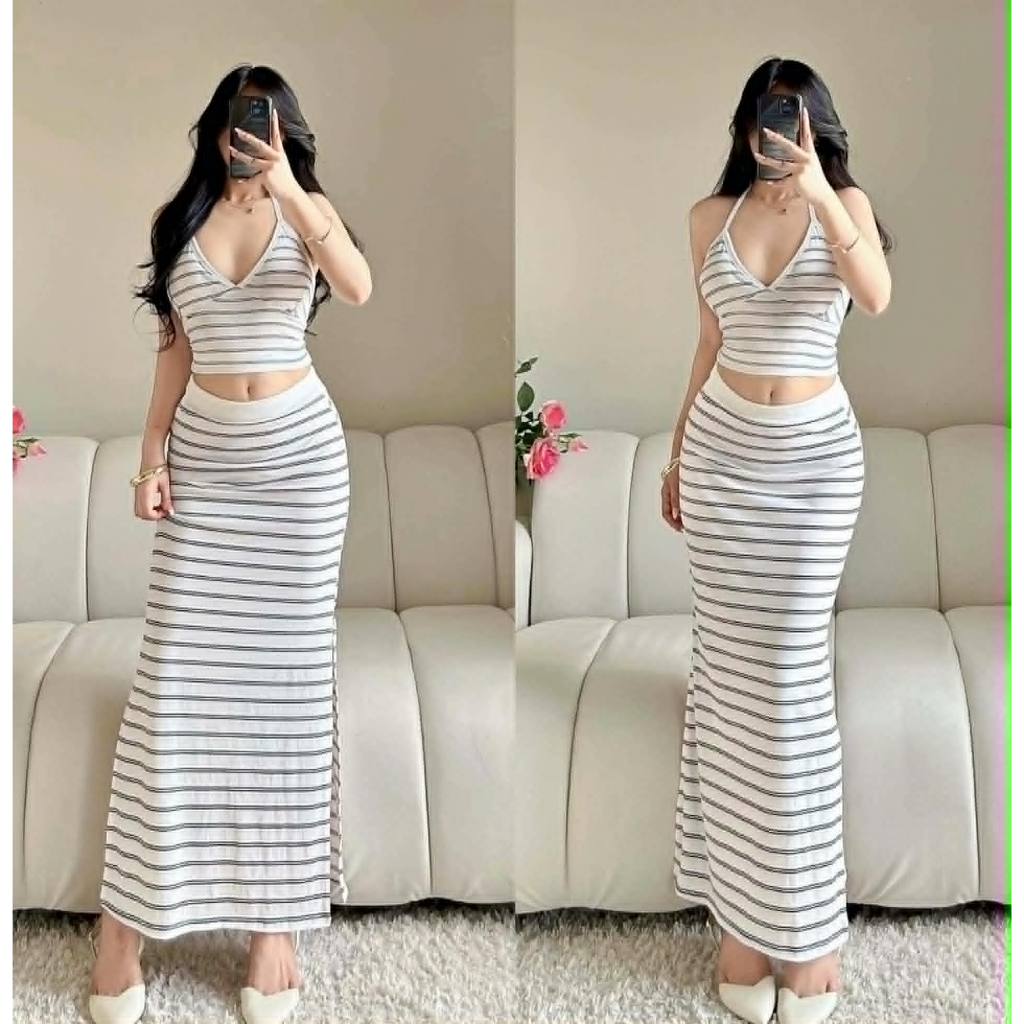 PADDED!! DBS SARAH Terno Coords 2 SLIT LONG SKIRT Knit Fabric SMALL to SEMI LARGE Casual Sexy Summer