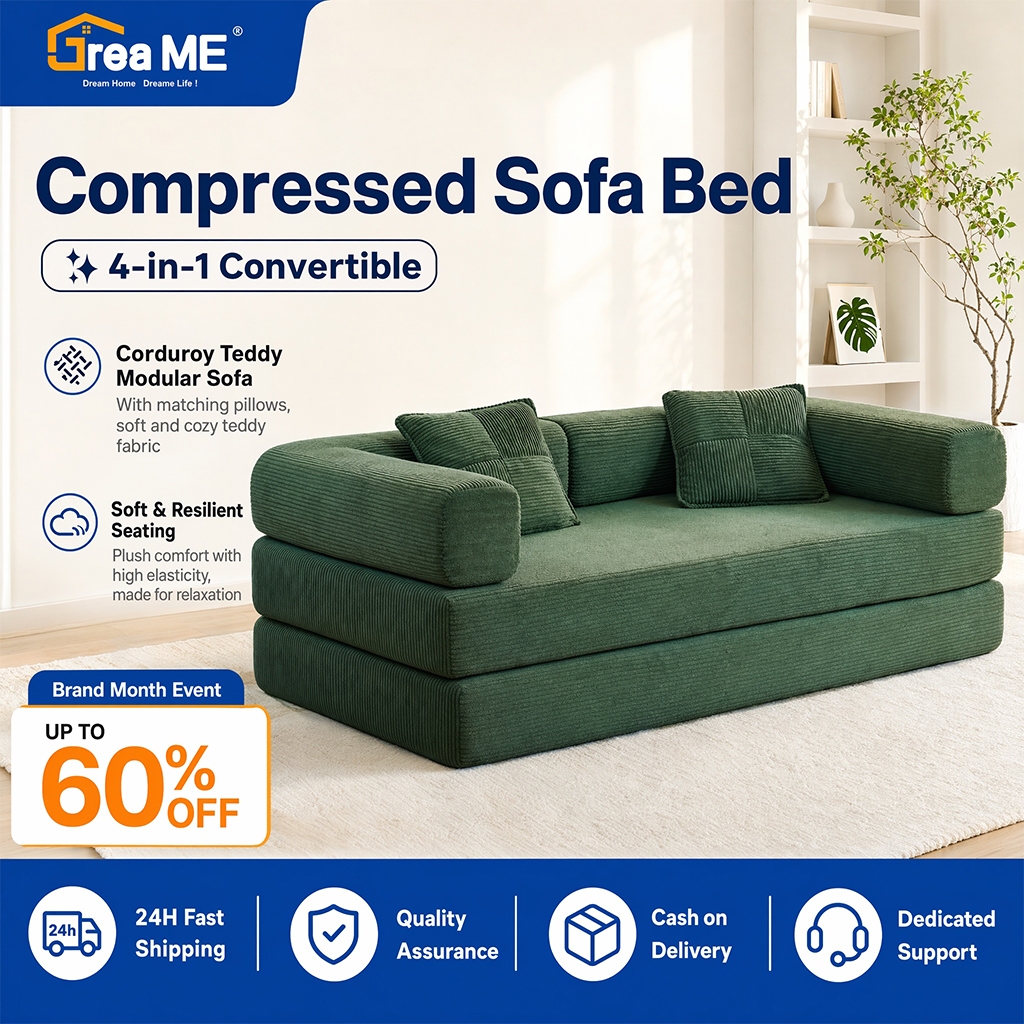 DreaME Compressed Sofa Bed Foldable Corduroy 4in1 Convertible Guest Bed Small Apartment Living Room