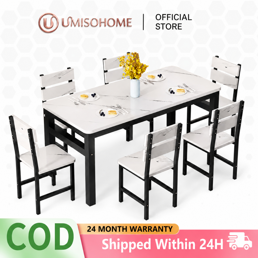 Dining Table Set 4/6 Seaters with Chairs Space Saving Kitchen Table and Chairs Faux Marble Tabletop