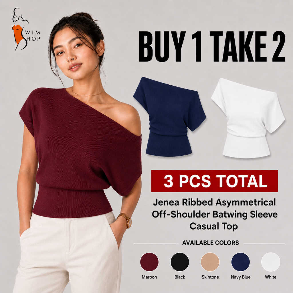 SS BUY 1 TAKE 2 Jenea Ribbed Asymmetrical Off-Shoulder Batwing Sleeve Casual Top for Women