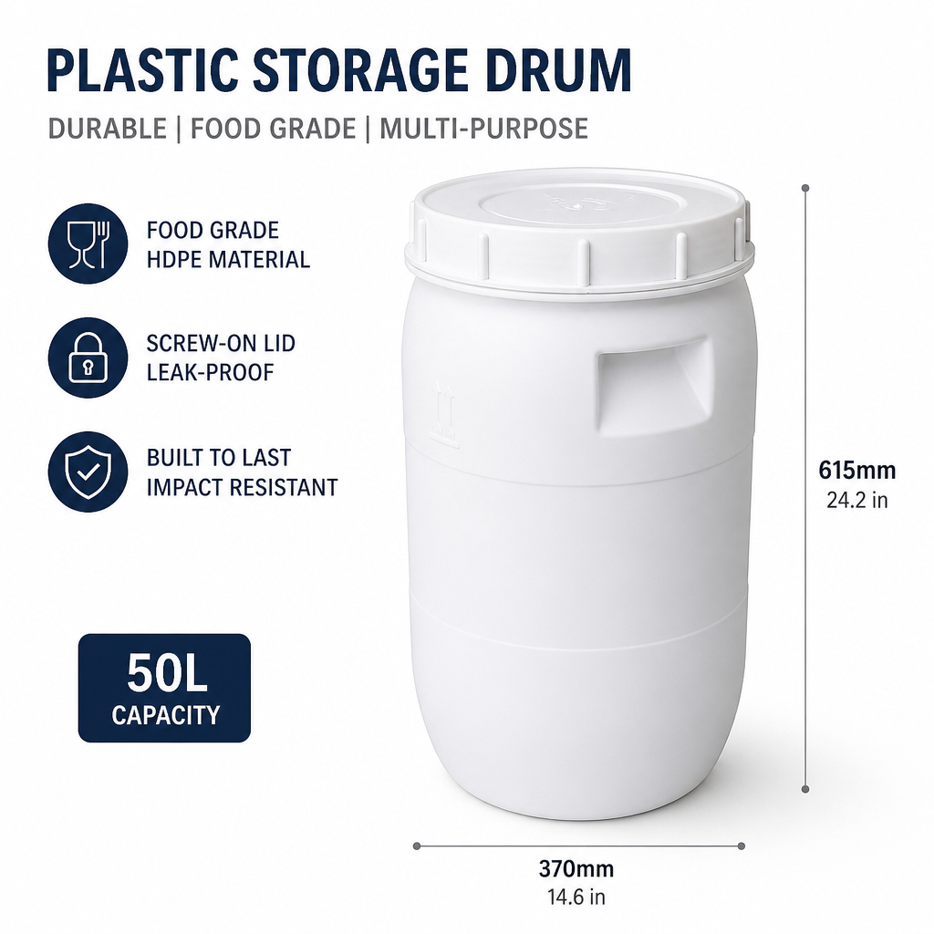 45L White Plastic Barrel with Screw Lid Large Capacity Storage Drum Water Container
