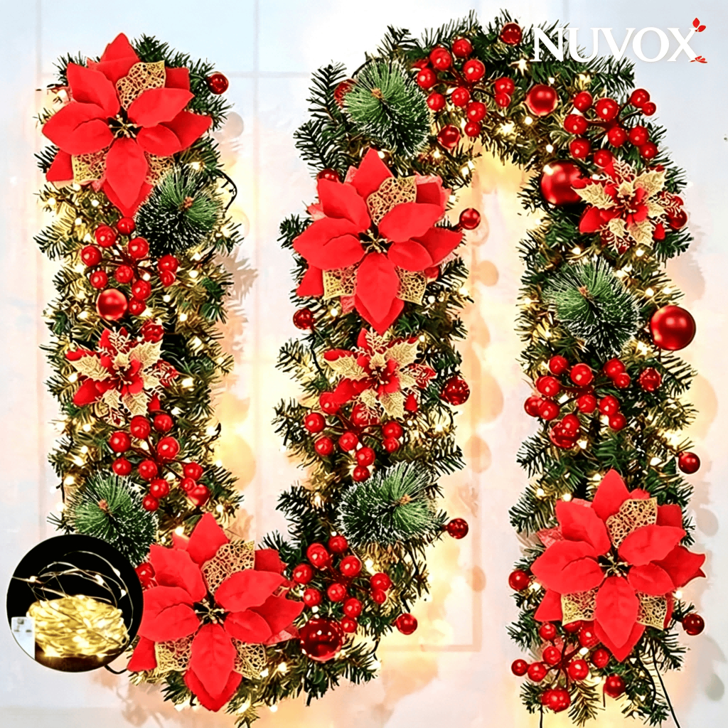 NUVOX 6FT/9FT Christmas Garland Christmas Tree Ornaments Berries Flower LED Light Home Party Decor