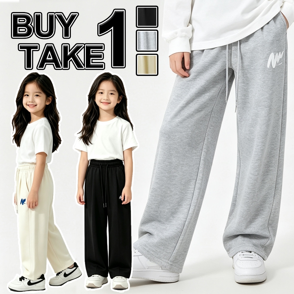【BUY1 TAKE1】Kid's Wide Leg Sweatpants 6-11yrs Loose Casual Sports Trousers with Pockets Unisex Boys