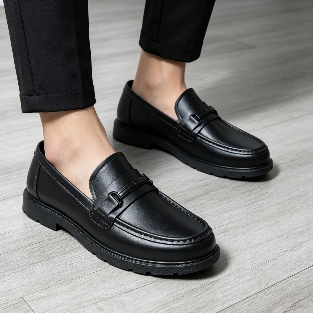 Men's black shoes stylish trendy loafers rubber non-slip comfortable waterproof slip on SIze 36-45