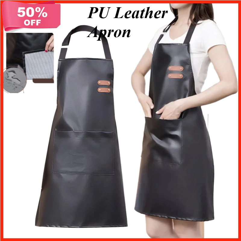 PU Leather Waterproof and Oil Resistant Apron Kitchen Workwear Home Cooking Cleaning Unisex Sleevele