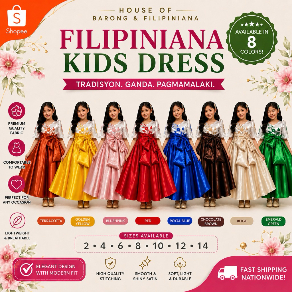 Kids Filipiniana Dress | Girls United Nations UN Costume, Cultural Show, Buwan ng Wika | Satin Dress
