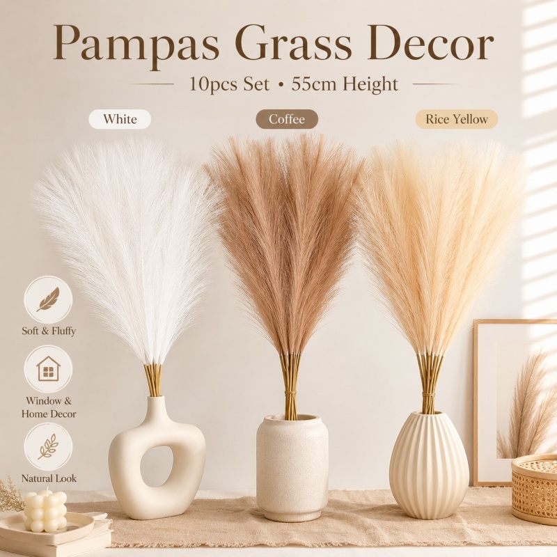 10pcs 55cm Pampas Grass Decor Bundle Boho Dried Reed Grass Stems for Vase Home Window Display